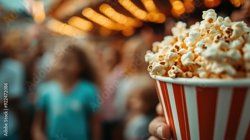 A close-up of a hand holding a bucket of popcorn while surrounded by a bustling crowd at a carnival, capturing the dynamic vibes of enjoyment and festivity perfectly. photo