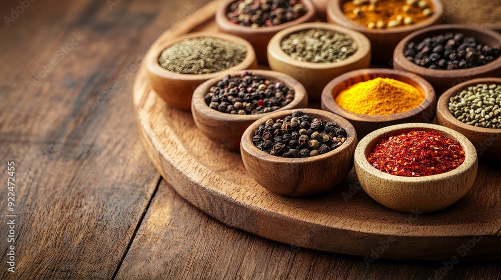 Variety of spices and seasoning, in a handmade wooden and ceramic bowls, on a kitchen cutting board, on an oak wooden table top, a top view macro photo shoot texture background Variety of spices and seasoning, in a handmade wooden and ceramic bowls, on a kitchen cutting board, on an oak wooden table top, a top view macro photo shoot texture background