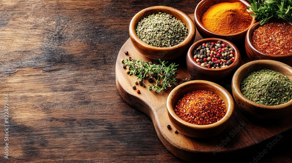Variety of spices and seasoning, in a handmade wooden and ceramic bowls, on a kitchen cutting board, on an oak wooden table top, a top view macro photo shoot texture background Variety of spices and seasoning, in a handmade wooden and ceramic bowls, on a kitchen cutting board, on an oak wooden table top, a top view macro photo shoot texture background
