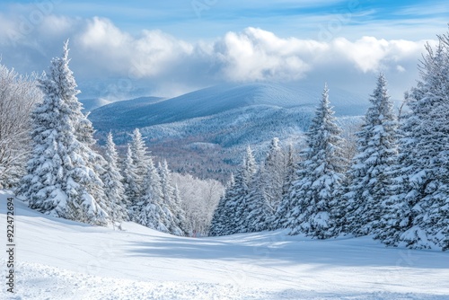 Vermont Snow. December 2024 at Stowe Ski Resort, Mansfield Mountain Slopes View with Fresh Winter Snow