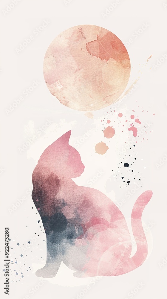 Abstract watercolor cat with moon and splatters. Abstract watercolor cat with moon and splatters.