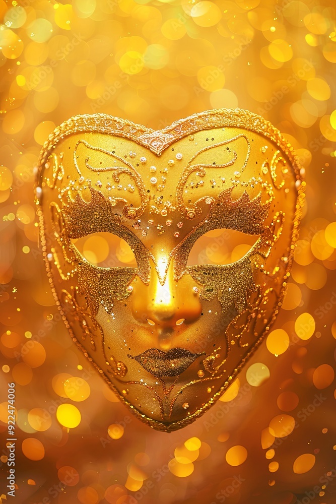 Golden masquerade mask with intricate details against a bokeh background. Golden masquerade mask with intricate details against a bokeh background.