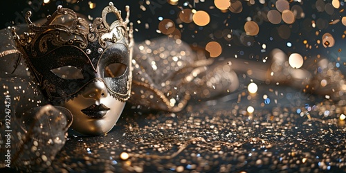 Elegant black and gold venetian mask with glitter and bokeh. photo