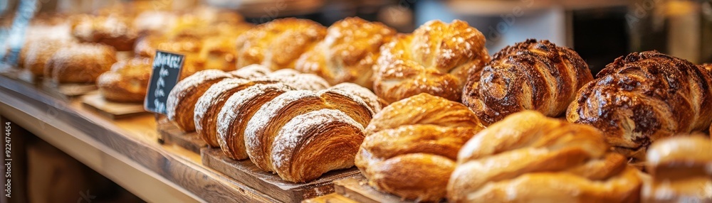 Freshly baked pastries in a bakery display, Monday morning, delicious start to the day Freshly baked pastries in a bakery display, Monday morning, delicious start to the day