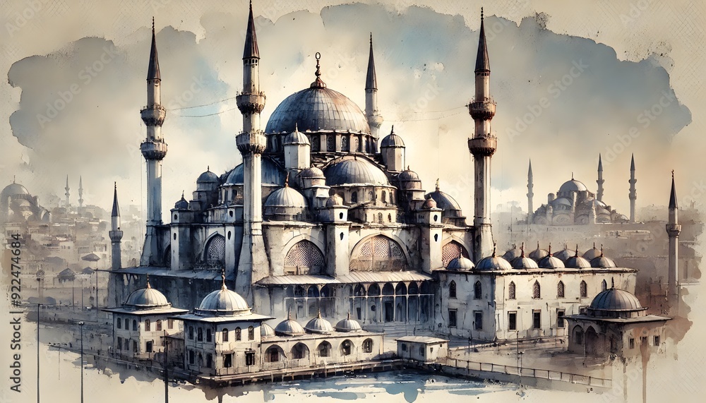 Obraz premium watercolor sketch of the Yeni Cami (New Mosque) in Istanbul