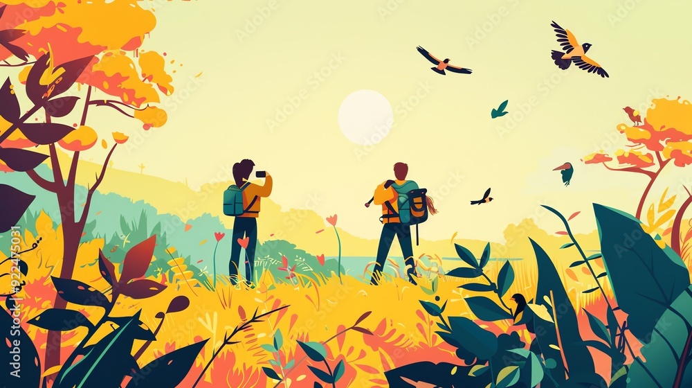 Fototapeta premium Create a illustration of a Birdwatcher with binoculars and field guidein a kawaii style, simplified to feature fewer elements for a cleaner look, Use a color palette that is appealing to childr