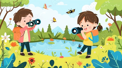 Create a illustration of a Children using binoculars at a pondin a kawaii style, simplified to feature fewer elements for a cleaner look, Use a color palette that is appealing to children, with photo