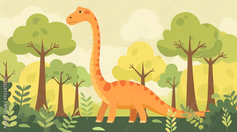 Create a illustration of a Brachiosaurus grazing on tall treesin a kawaii style, simplified to feature fewer elements for a cleaner look, Use a color palette that is appealing to children, with Create a illustration of a Brachiosaurus grazing on tall treesin a kawaii style, simplified to feature fewer elements for a cleaner look, Use a color palette that is appealing to children, with