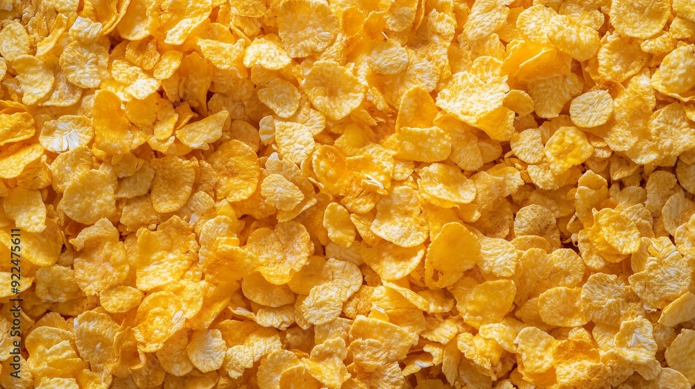 A close-up of golden corn flakes spread out on a surface in a well-lit kitchen A close-up of golden corn flakes spread out on a surface in a well-lit kitchen