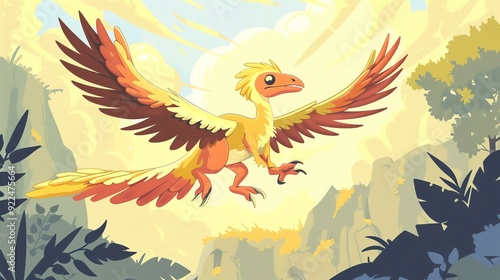 Create a vector illustration of a Archaeopteryx in flightin a kawaii style, simplified to feature fewer elements for a cleaner look, Use a color palette that is appealing to children, with bright and