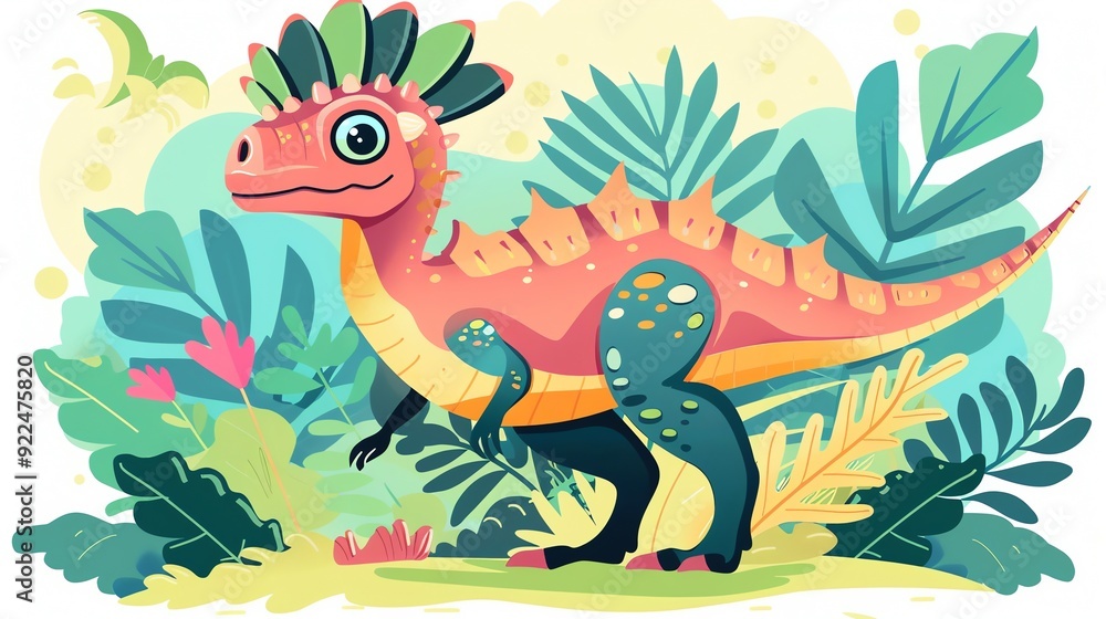 Create a illustration of a Dilophosaurus with frilled neckin a kawaii style, simplified to feature fewer elements for a cleaner look, Use a color palette that is appealing to children, with bri Create a illustration of a Dilophosaurus with frilled neckin a kawaii style, simplified to feature fewer elements for a cleaner look, Use a color palette that is appealing to children, with bri