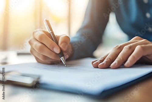 Close-up of businessman signing legal contract agreement. photo