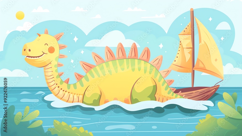 Fototapeta premium Create a illustration of a Dimetrodon with a sailin a kawaii style, simplified to feature fewer elements for a cleaner look, Use a color palette that is appealing to children, with bright and c