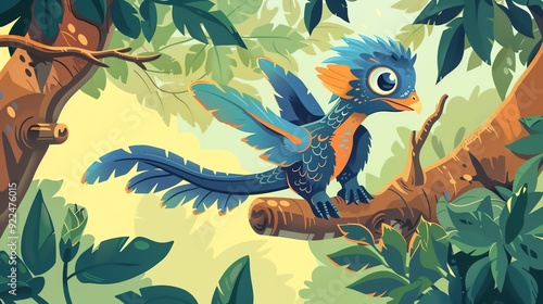 Create a illustration of a Microraptor perched in a treein a kawaii style, simplified to feature fewer elements for a cleaner look, Use a color palette that is appealing to children, with brigh photo