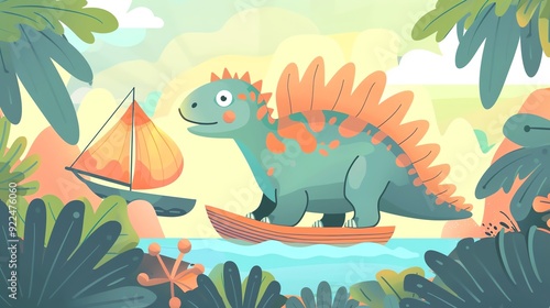 Create a illustration of a Dimetrodon with a sailin a kawaii style, simplified to feature fewer elements for a cleaner look, Use a color palette that is appealing to children, with bright and c photo