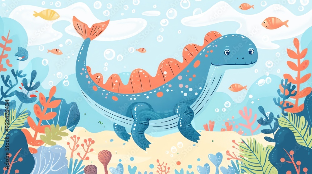 Obraz premium Create a illustration of a Plesiosaurus swimming in the oceanin a kawaii style, simplified to feature fewer elements for a cleaner look, Use a color palette that is appealing to children, with