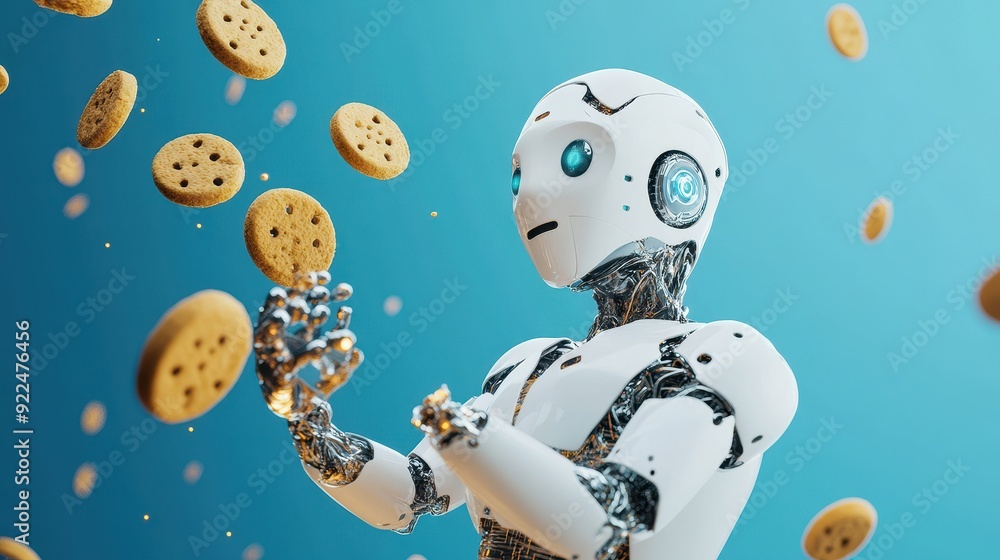 Naklejka premium Futuristic robot interacting with floating cookies, depicting a blend of technology and whimsy in a vibrant blue backdrop.