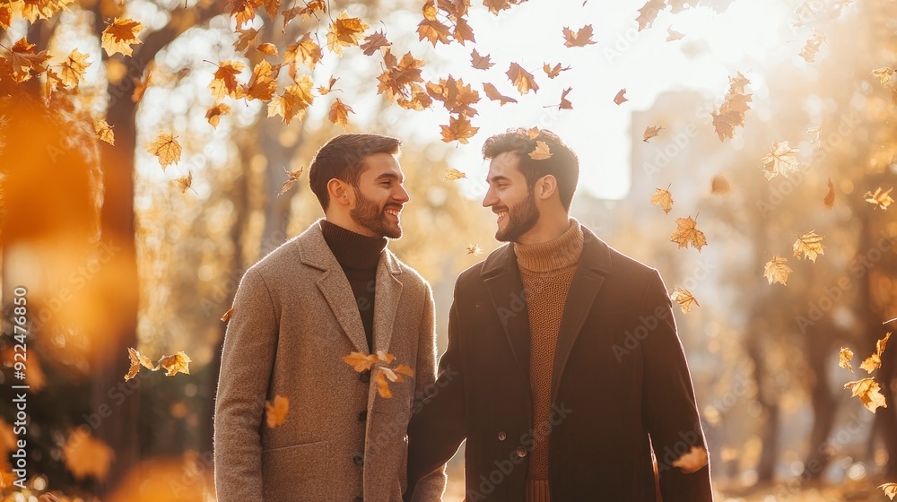Handsome lovely gay couple in the fall season autumn landscape sunny day, maple leafs falling on them Handsome lovely gay couple in the fall season autumn landscape sunny day, maple leafs falling on them