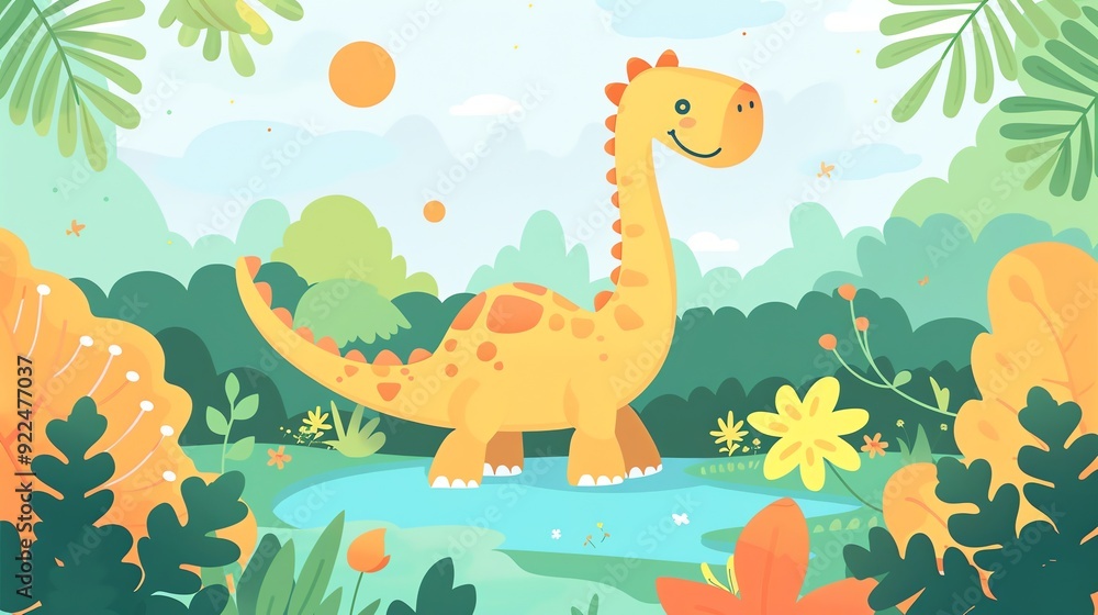 Create a illustration of a Brachiosaurus grazing on tall treesin a kawaii style, simplified to feature fewer elements for a cleaner look, Use a color palette that is appealing to children, with Create a illustration of a Brachiosaurus grazing on tall treesin a kawaii style, simplified to feature fewer elements for a cleaner look, Use a color palette that is appealing to children, with