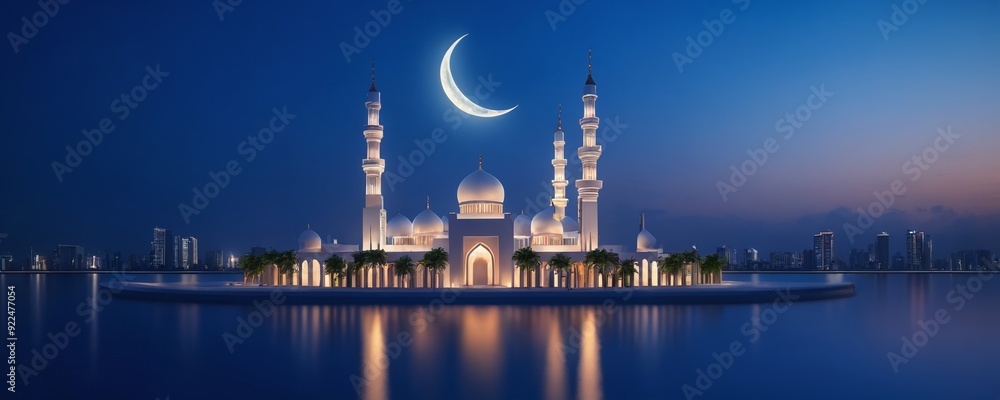 Fototapeta premium Majestic mosque illuminated by moonlight over calm waters at dusk