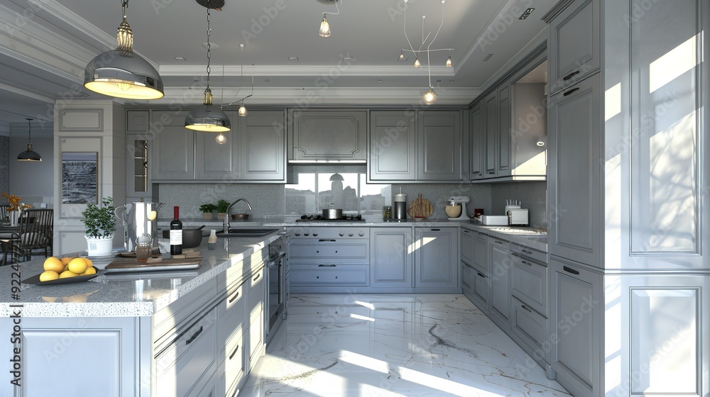 Sleek Gray Kitchen Interior with Modern Countertops Sleek Gray Kitchen Interior with Modern Countertops