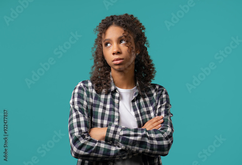 Obraz na plátně Bored upset african woman sighs, rolling eyes on blue