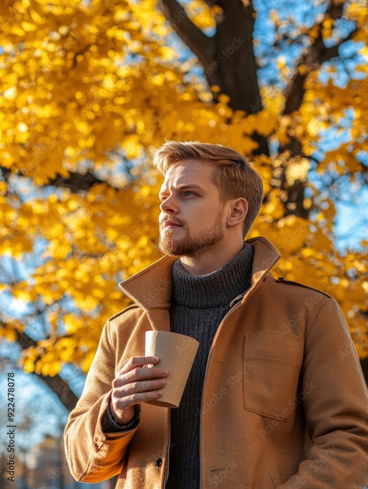 Handsome male model in the fall season autumn landscape sunny day, trees and leaves background, holding hot paper glass with coffee Handsome male model in the fall season autumn landscape sunny day, trees and leaves background, holding hot paper glass with coffee