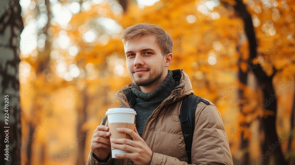 Handsome male model in the fall season autumn landscape sunny day, trees and leaves background, holding hot paper glass with coffee Handsome male model in the fall season autumn landscape sunny day, trees and leaves background, holding hot paper glass with coffee