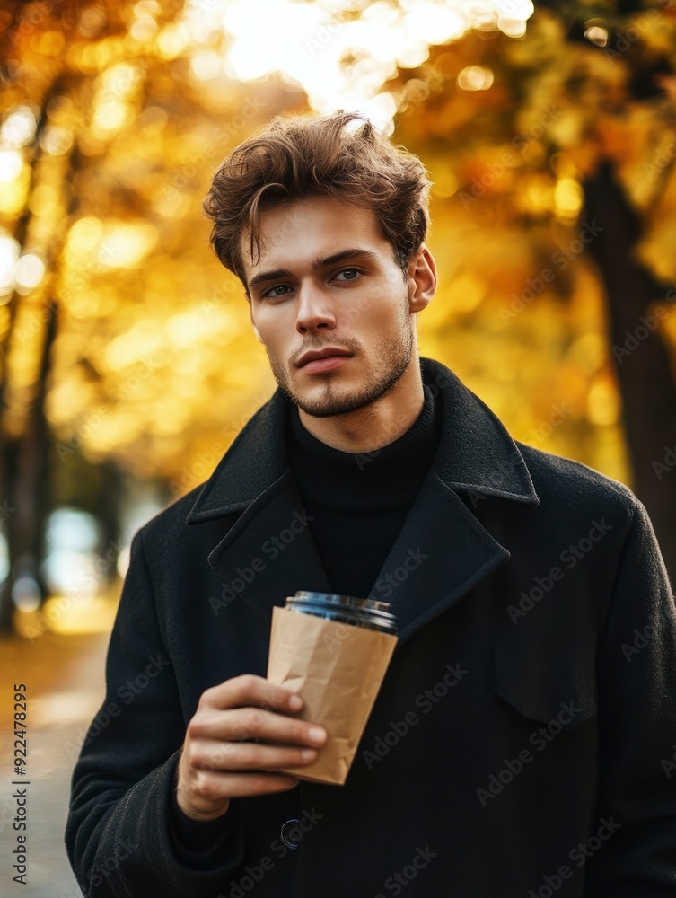 Handsome male model in the fall season autumn landscape sunny day, trees and leaves background, holding hot paper glass with coffee Handsome male model in the fall season autumn landscape sunny day, trees and leaves background, holding hot paper glass with coffee