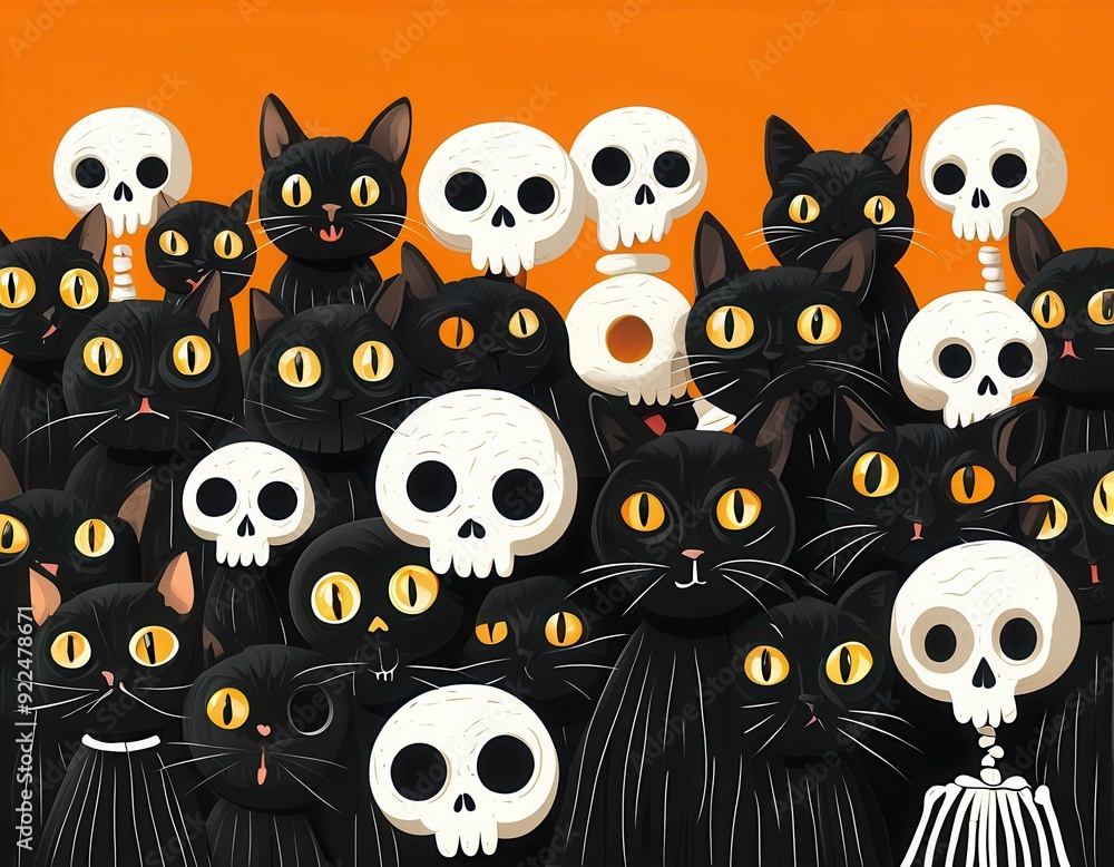 A gathering of black cats with glowing eyes, blending eerie charm and playful mischief, set against a vivid Halloween backdrop. A gathering of black cats with glowing eyes, blending eerie charm and playful mischief, set against a vivid Halloween backdrop.