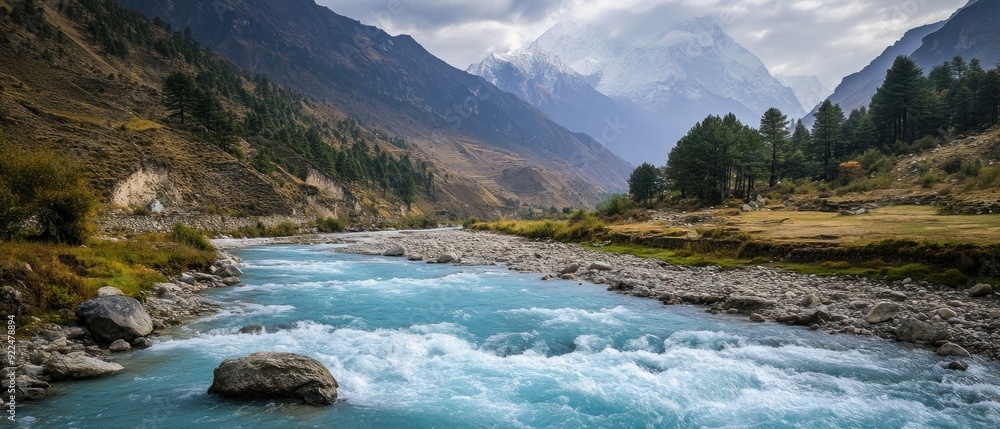 Turquoise River Flowing Through a Mountain Valley Turquoise River Flowing Through a Mountain Valley