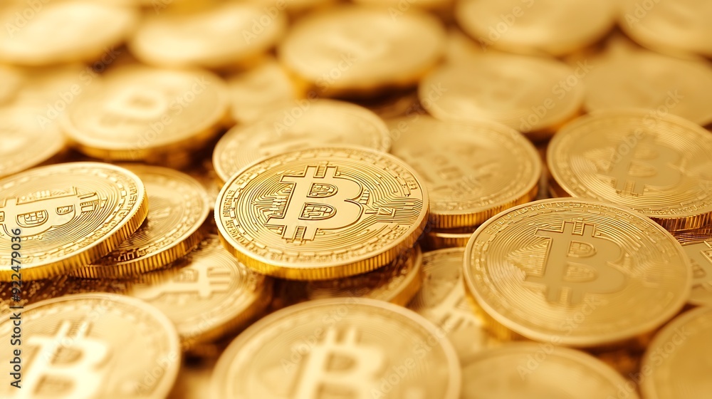 close up golden bitcoin coins pattern flying pattern on a stock exchange graphics background, text space close up golden bitcoin coins pattern flying pattern on a stock exchange graphics background, text space