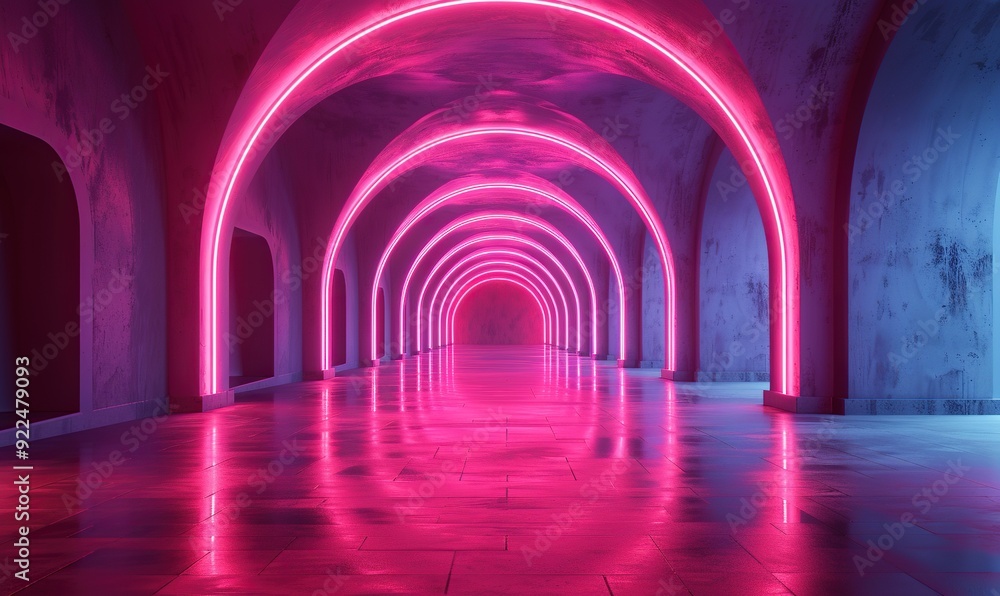 Obraz premium 3d render of abstract futuristic arch architecture with neon light,empty concrete floor.