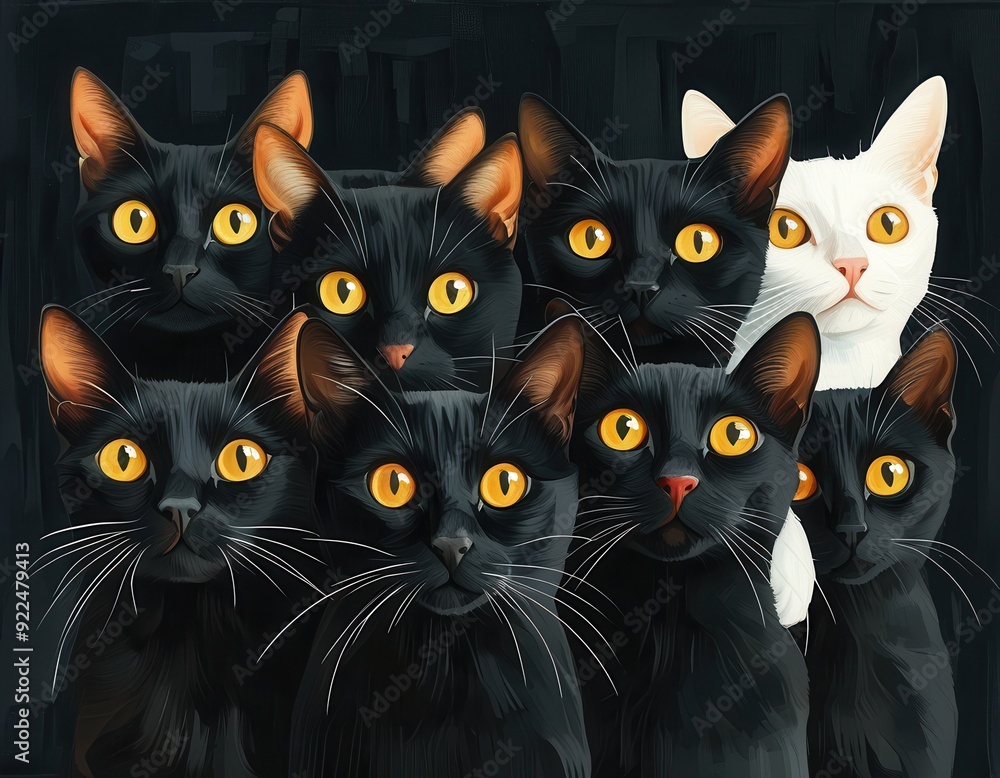 A gathering of black cats with glowing eyes, blending eerie charm and playful mischief, set against a vivid Halloween backdrop. A gathering of black cats with glowing eyes, blending eerie charm and playful mischief, set against a vivid Halloween backdrop.