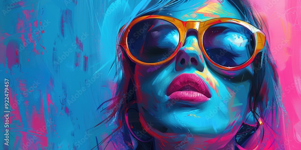 A young model with stylish eyewear and makeup, in a colorful and bright portrait. A young model with stylish eyewear and makeup, in a colorful and bright portrait.