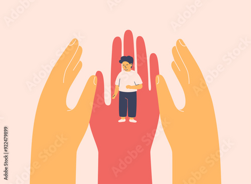 Three human hands surrounded small boy with kindness. Healthcare support and shield children's rights in society. Adults taking care about kids. Social protect, upbringing orphans. Vector