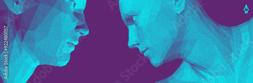 Two opponents facing each other. People talk face to face. Illustration of the communication between two humans. Mind reading concept. Vector. 