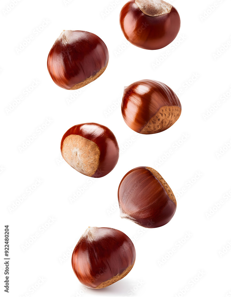 Obraz premium Group of chestnuts falling vertically freely on white background