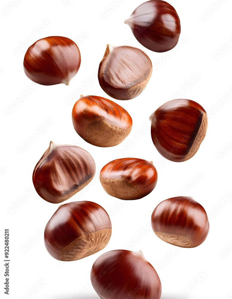 Group of chestnuts falling vertically freely on white background Group of chestnuts falling vertically freely on white background