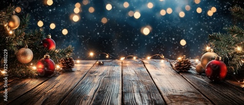 Festive Christmas Decorations on Rustic Wooden Tabletop with Bokeh Lights and Snow