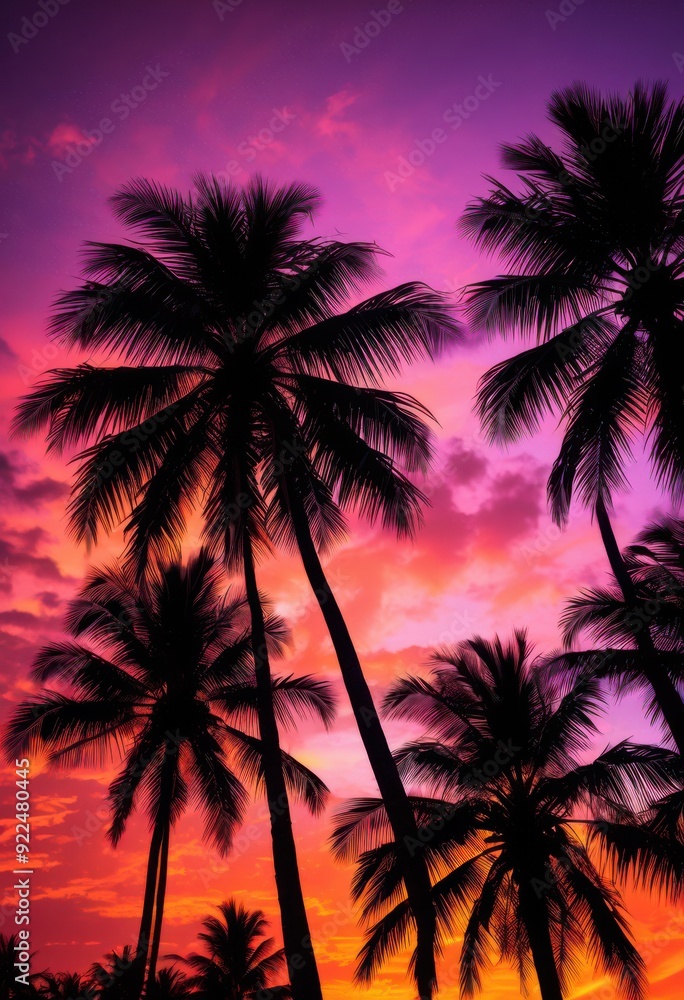 Naklejka premium palm tree silhouette vibrant sunset sky gradients purple dusk, colorful, orange, pink, nature, tropical, evening, landscape, horizon, beach, light, shadow