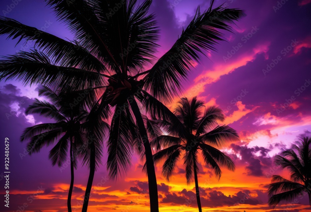 Fototapeta premium vibrant silhouettes palm trees stunning sunset backdrop rich colors dramatic sky, tropical, horizon, landscape, orange, purple, beauty, warm, exotic, scenery