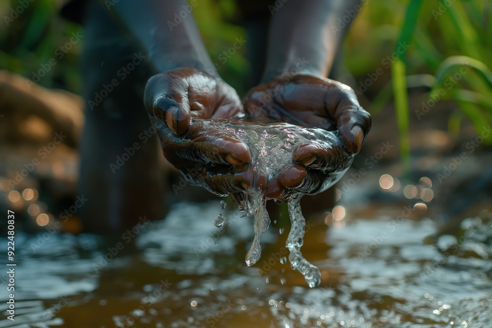 Fototapeta premium Close-up of hands cupping water from a stream, droplets falling back in.