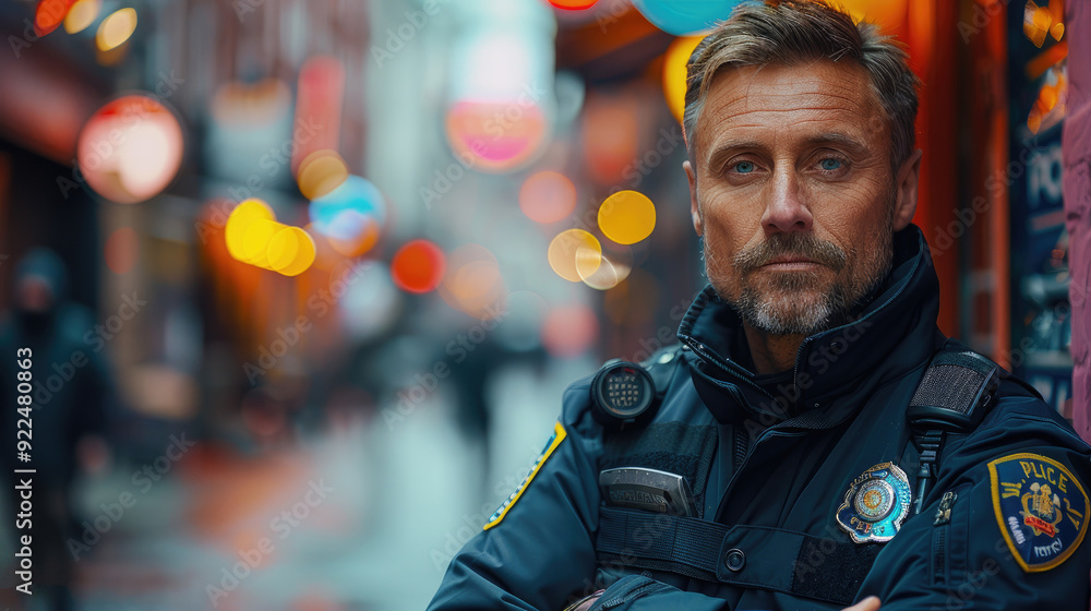 A confident police sergeant dressed in heavy-duty gear and uniform stands on a busy street, with defocused lights in the background giving an urban feel during dawn or dusk. A confident police sergeant dressed in heavy-duty gear and uniform stands on a busy street, with defocused lights in the background giving an urban feel during dawn or dusk.