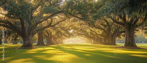 Sunbeams Through a Grove of Majestic Oak Trees photo