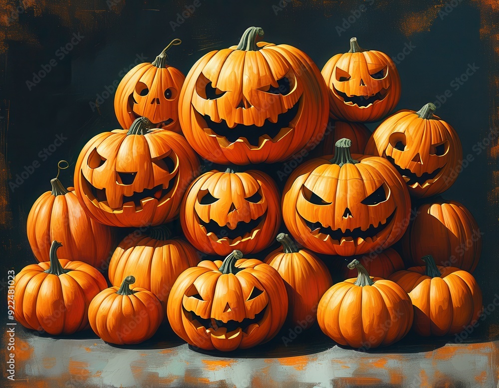 Glowing jack-o'-lanterns grin mischievously, their carved faces illuminating the night. A sea of orange pumpkins heralds Halloween's spooky delights. Glowing jack-o'-lanterns grin mischievously, their carved faces illuminating the night. A sea of orange pumpkins heralds Halloween's spooky delights.