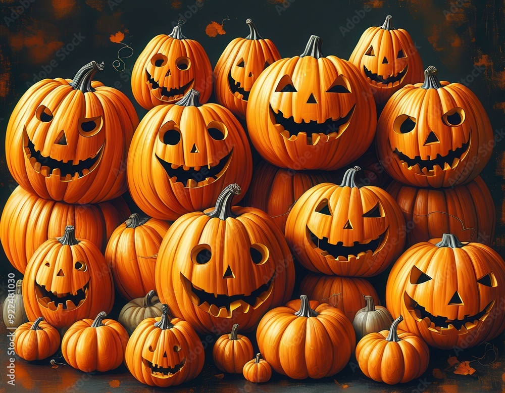 Glowing jack-o'-lanterns grin mischievously, their carved faces illuminating the night. A sea of orange pumpkins heralds Halloween's spooky delights. Glowing jack-o'-lanterns grin mischievously, their carved faces illuminating the night. A sea of orange pumpkins heralds Halloween's spooky delights.