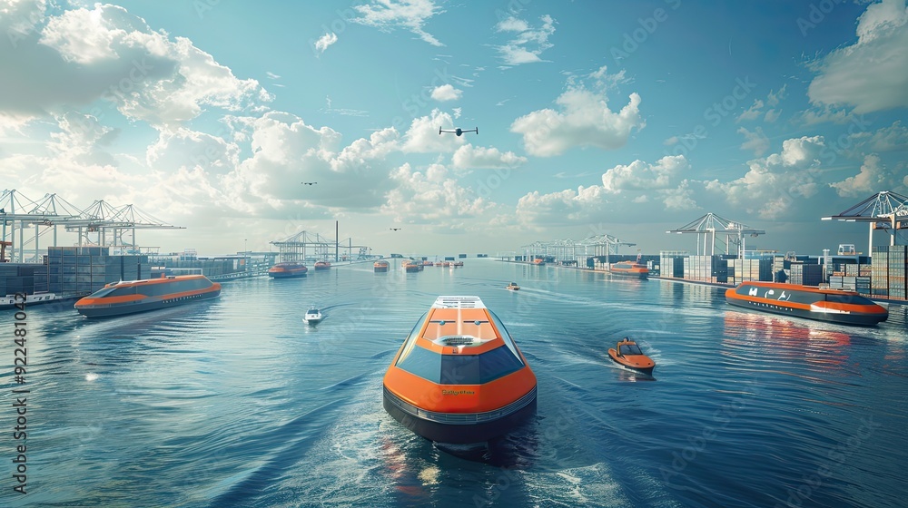 Fototapeta premium Autonomous cargo ships in a smart port, depicting the future of shipping.,