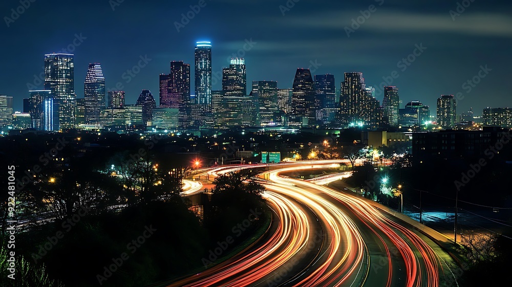Nighttime Cityscape with Illuminated Skyscrapers and Traffic Trails Nighttime Cityscape with Illuminated Skyscrapers and Traffic Trails