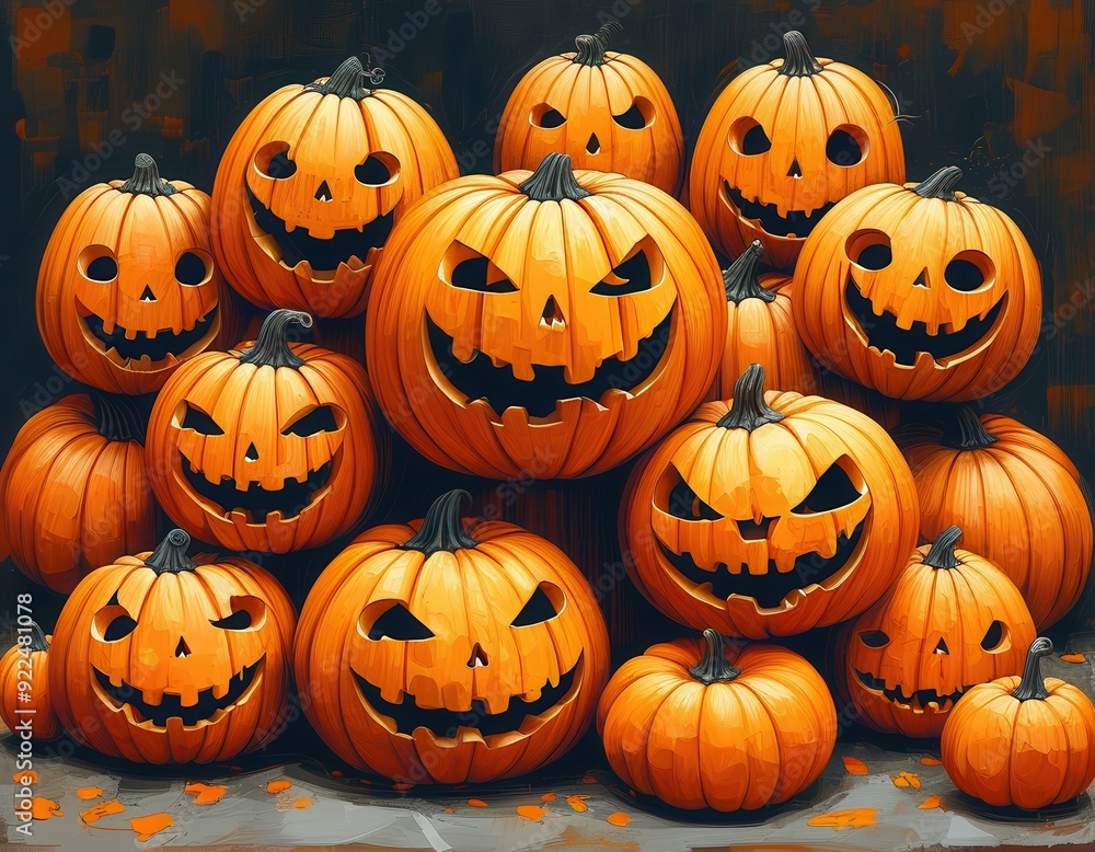 Glowing jack-o'-lanterns grin mischievously, their carved faces illuminating the night. A sea of orange pumpkins heralds Halloween's spooky delights. Glowing jack-o'-lanterns grin mischievously, their carved faces illuminating the night. A sea of orange pumpkins heralds Halloween's spooky delights.
